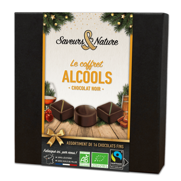 Coffret assortiment de 16 chocolats noirs bio aux alcools - 1