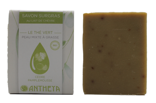 Antheya -- Savon lait de chèvre thé vert et argile - peaux grasses (bande papier) - 100 g